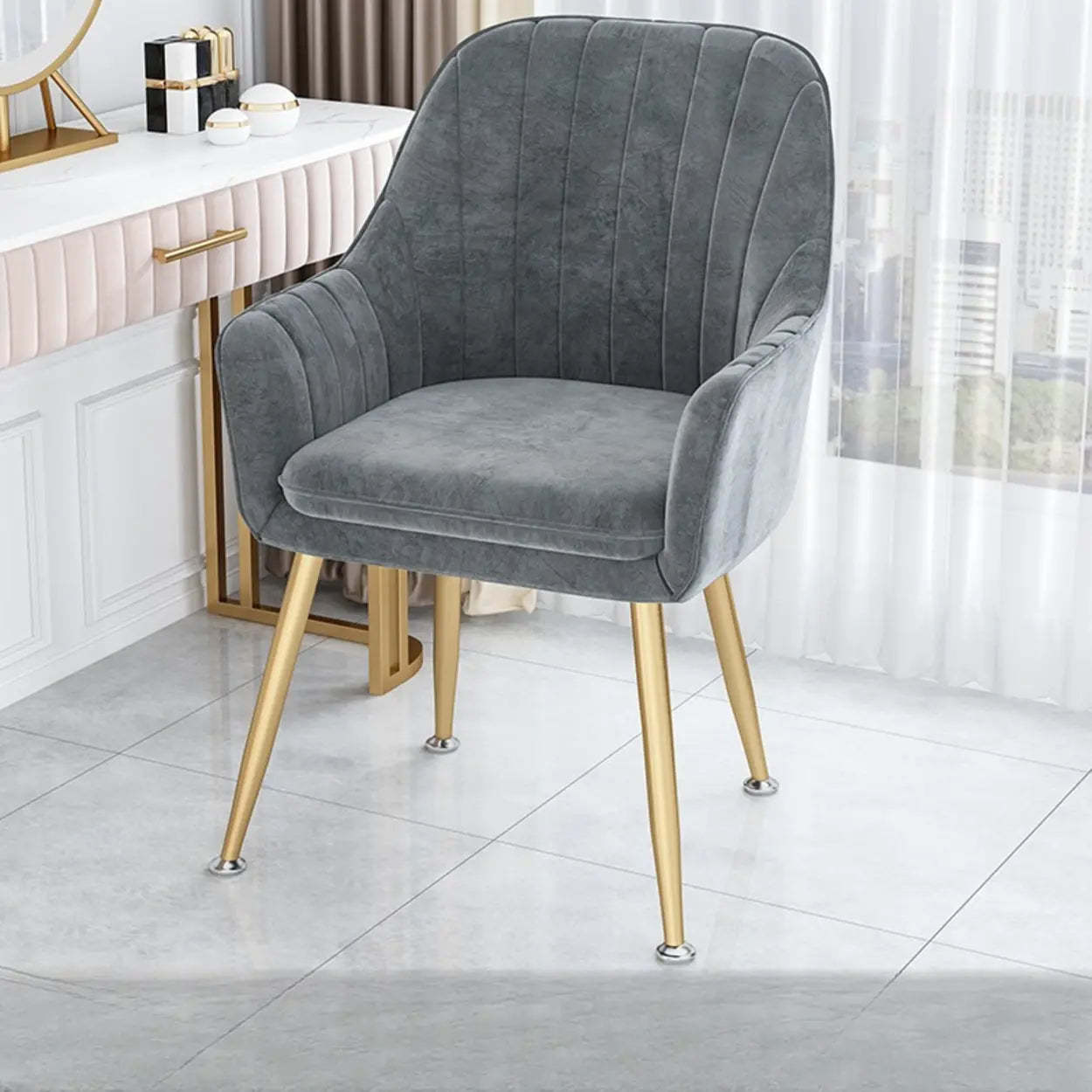 Green Curved Fabric Armrest Dining Chair — Dark Gray / Black