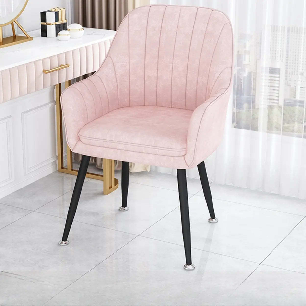 Green Curved Fabric Armrest Dining Chair — Dark Gray / Gold