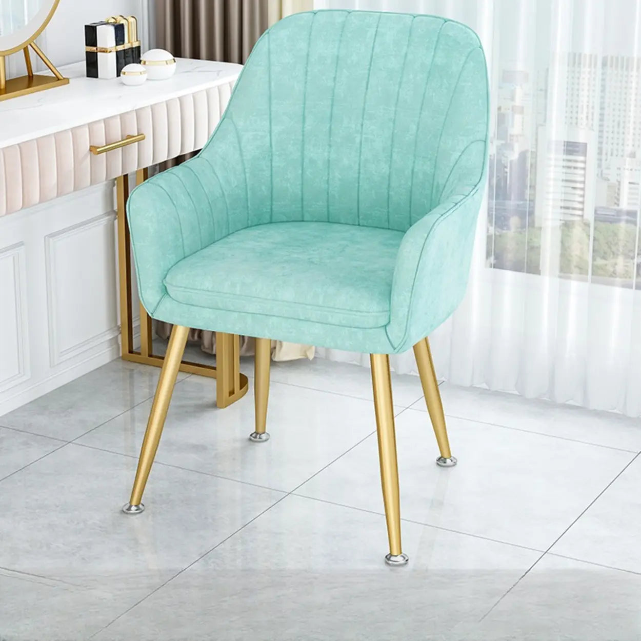 Green Curved Fabric Armrest Dining Chair — Dark Purple / Gold