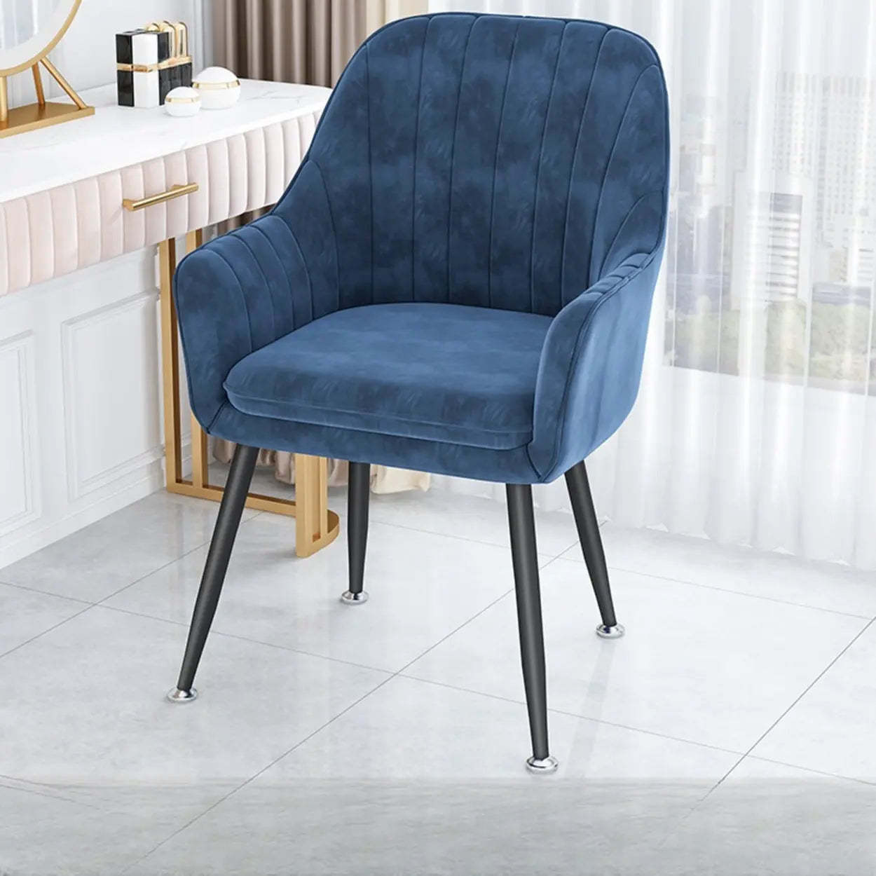 Green Curved Fabric Armrest Dining Chair — Lake Blue / Black