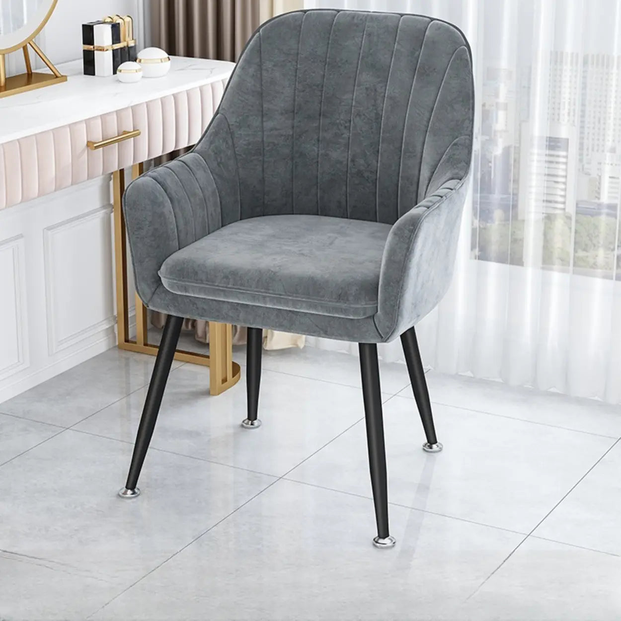 Green Curved Fabric Armrest Dining Chair — Lake Blue / Gold