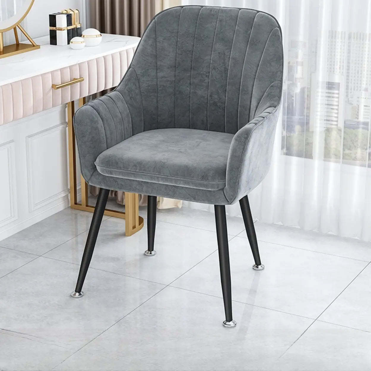 Green Curved Fabric Armrest Dining Chair — Lake Blue / Gold