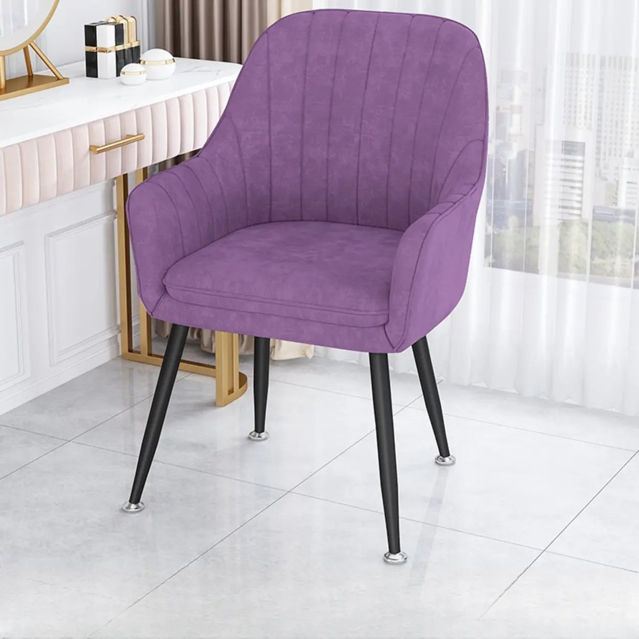 Green Curved Fabric Armrest Dining Chair — Light Pink / Black
