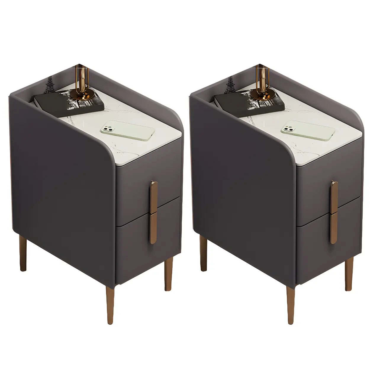 Curved Off-White Stone Functional Nightstand — Champagne / 1 Piece
