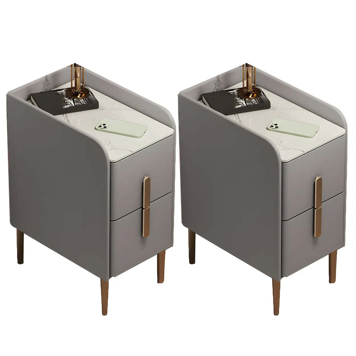 Curved Off-White Stone Functional Nightstand — Champagne / 2 Piece Set