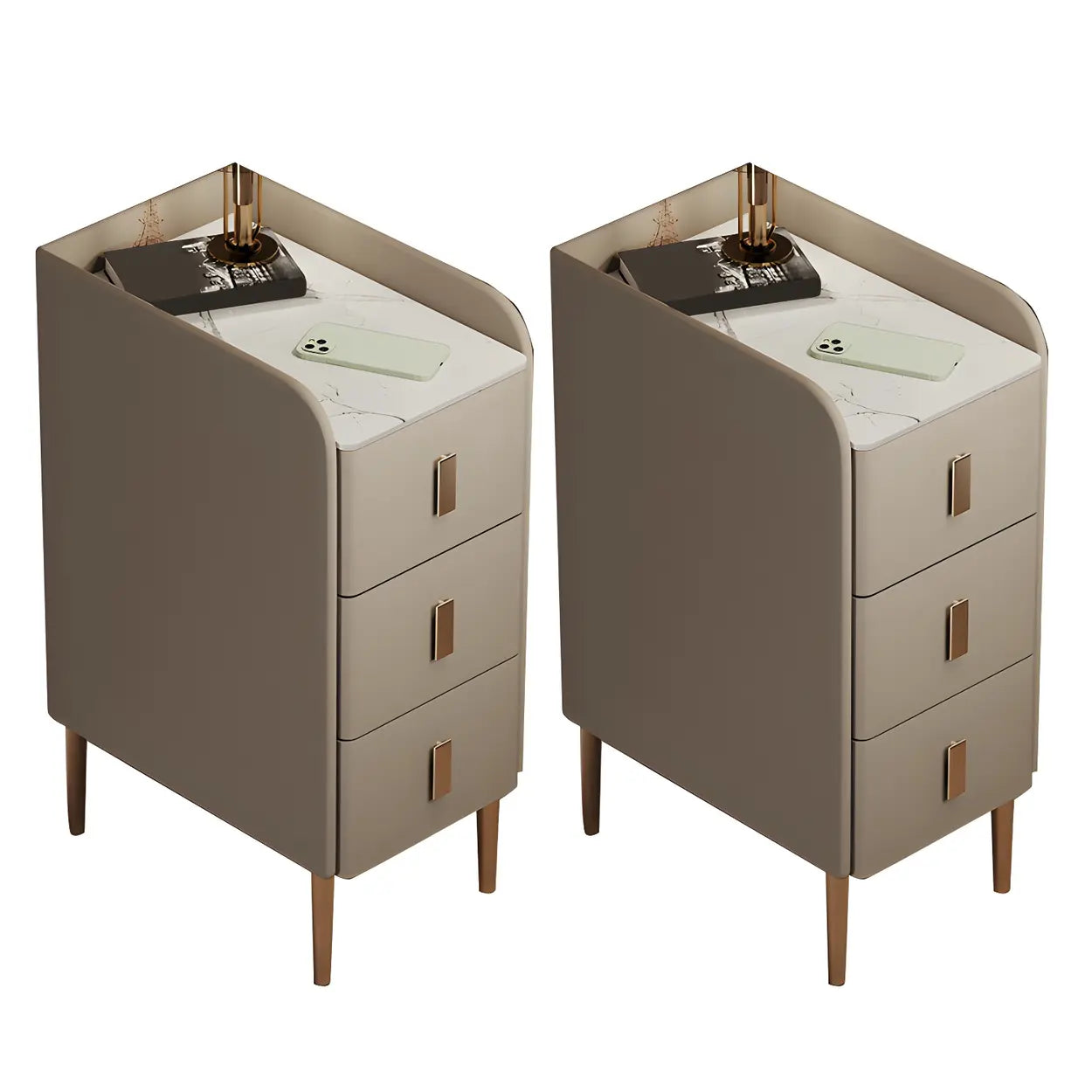 Curved Off-White Stone Functional Nightstand — Orange / 2 Piece Set