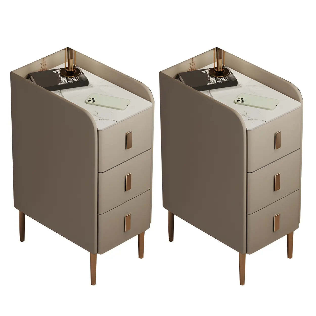 Curved Off-White Stone Functional Nightstand — Orange / 2 Piece Set