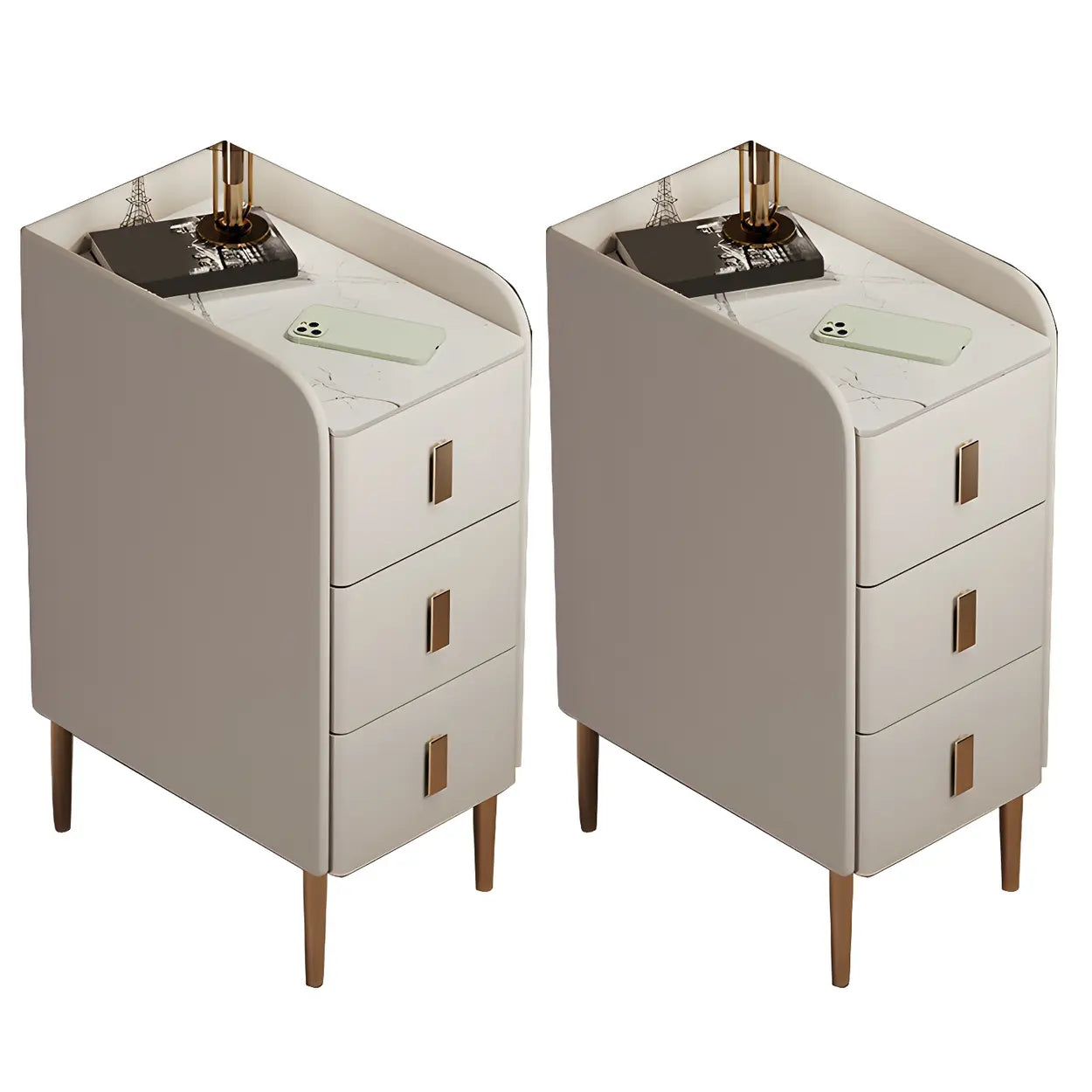 Curved Off-White Stone Functional Nightstand — Dark Gray / 2 Piece Set