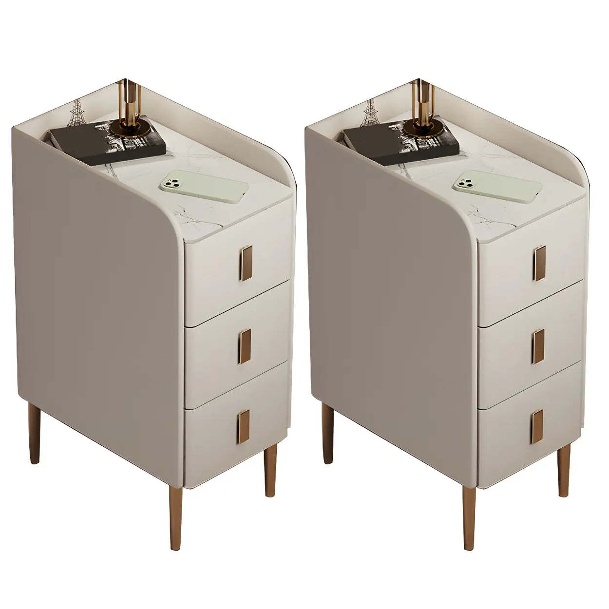 Curved Off-White Stone Functional Nightstand — Dark Gray / 2 Piece Set