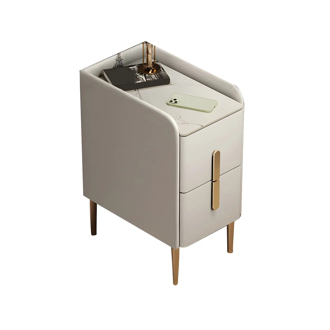 Curved Off-White Stone Functional Nightstand — Off-White / 2 Piece Set