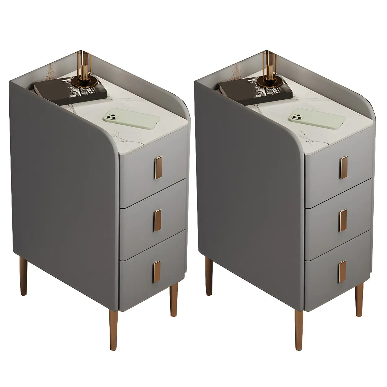 Curved Off-White Stone Functional Nightstand — Light Gray / 2 Piece Set