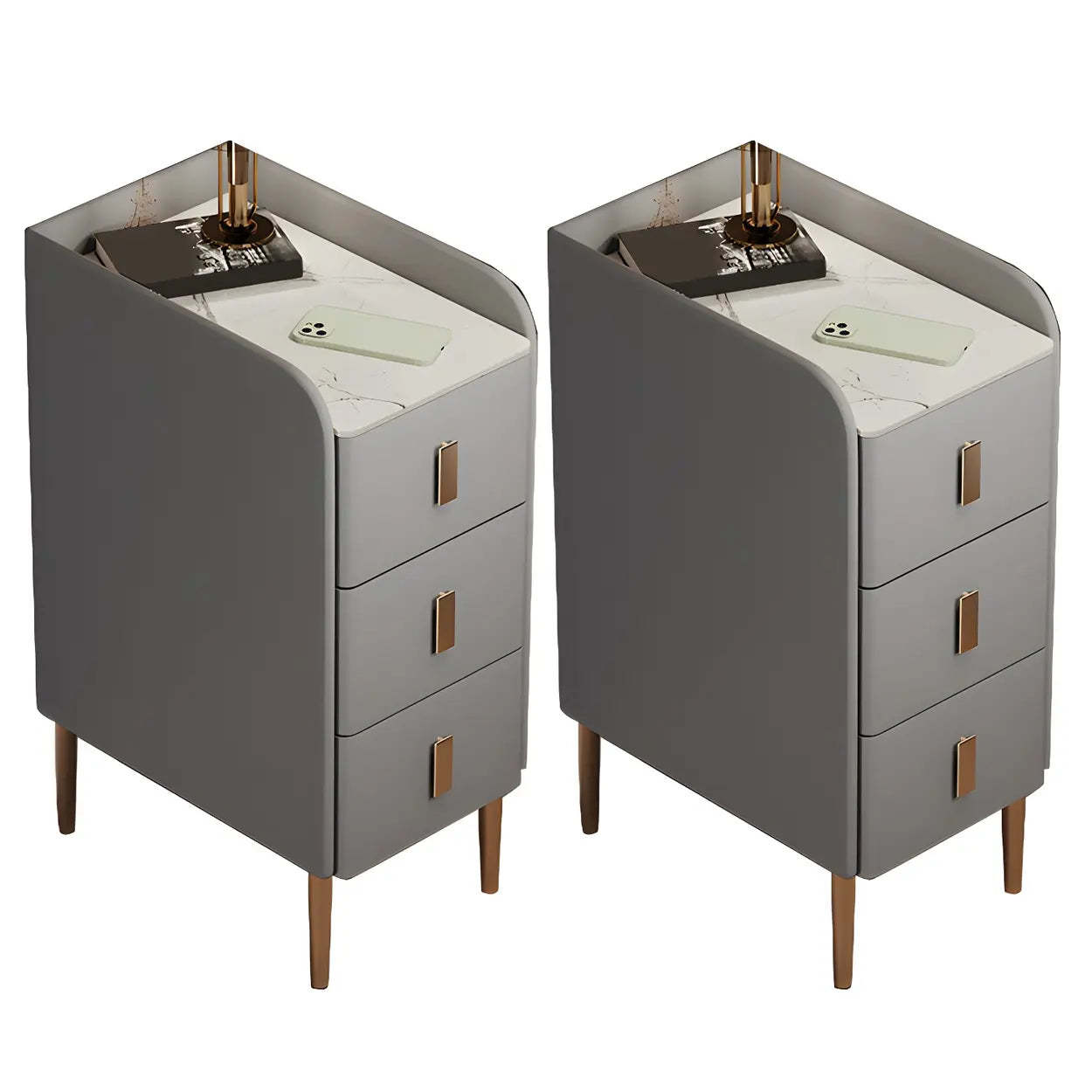 Luxury curved functional gray nightstands — 15.7" L x 15.7" W x 23.6" H / Light Gray / Set of 2