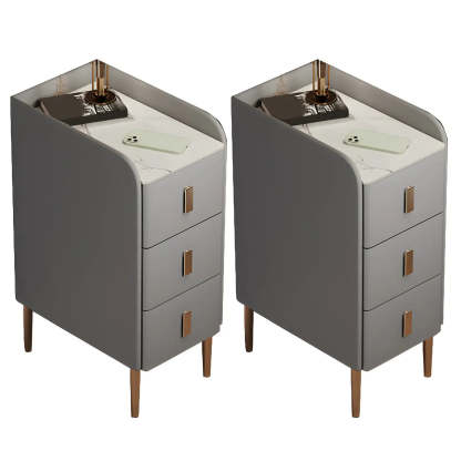 Curved Off-White Stone Functional Nightstand — Light Gray / 2 Piece Set