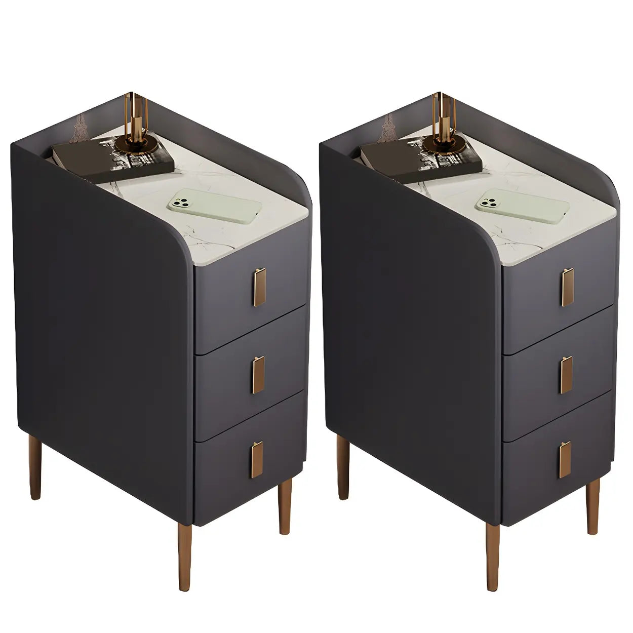 Curved Off-White Stone Functional Nightstand — Off-White / 2 Piece Set