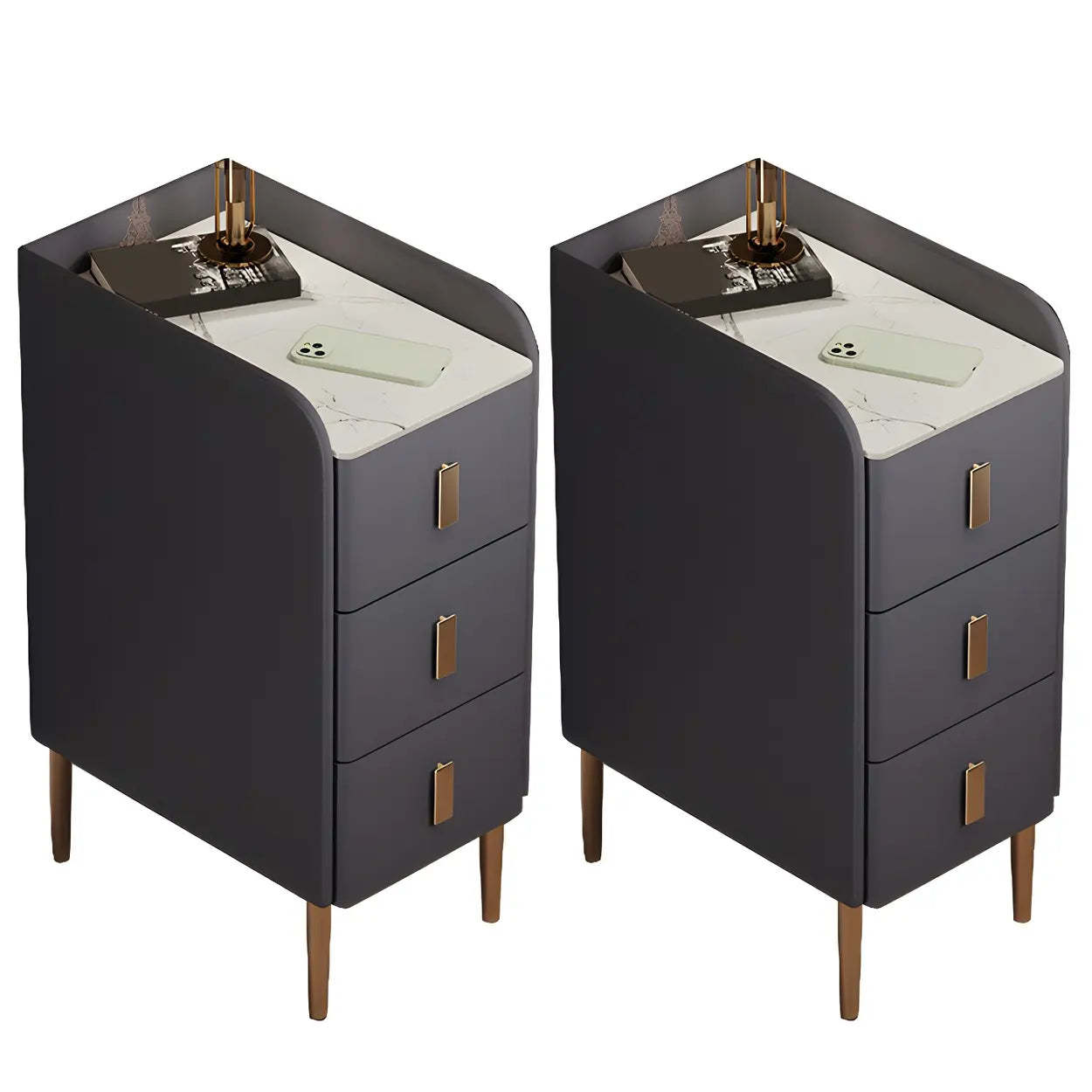 Curved Off-White Stone Functional Nightstand — Off-White / 2 Piece Set