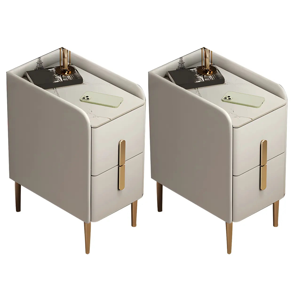 Curved Off-White Stone Functional Nightstand — Champagne / 1 Piece