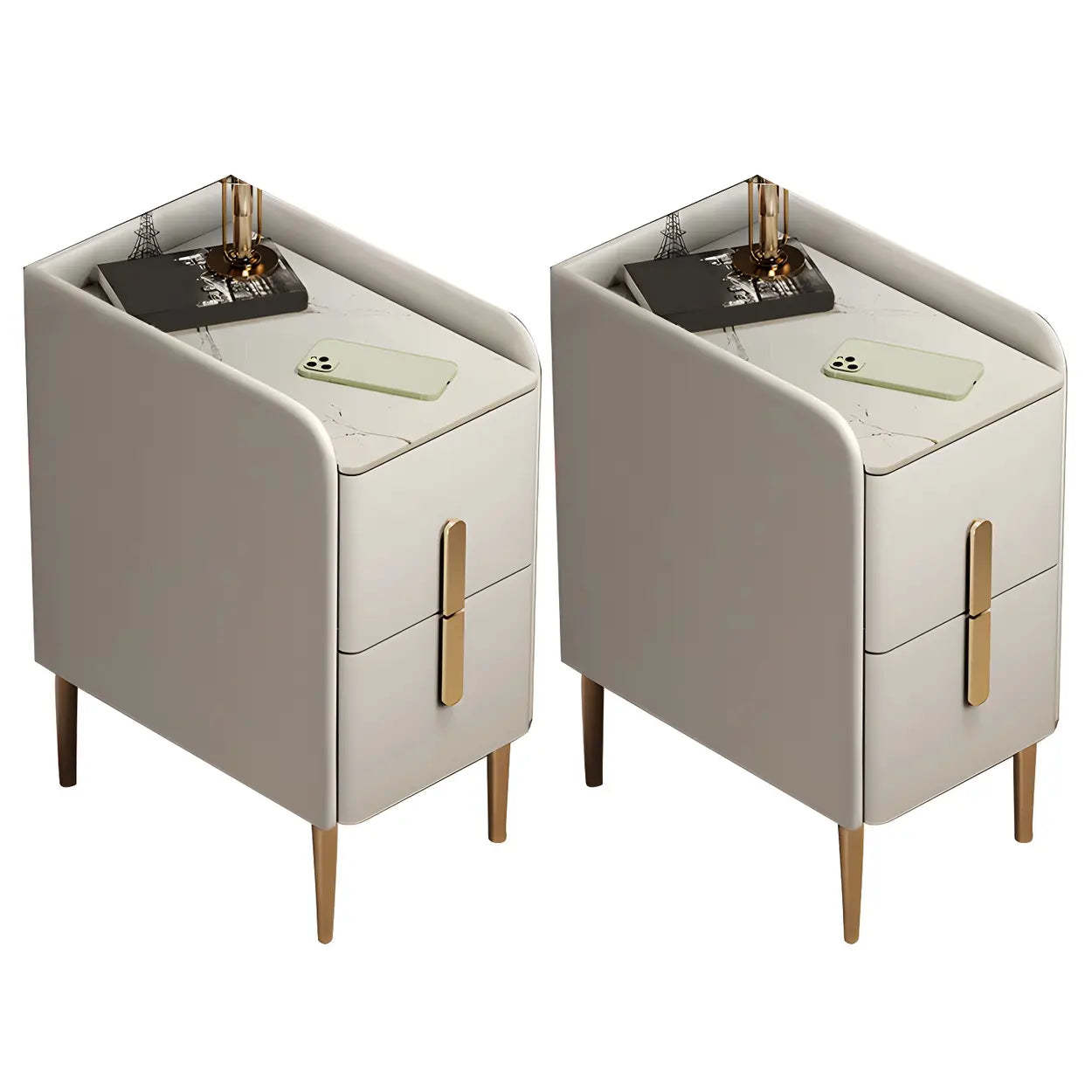 Curved Off-White Stone Functional Nightstand — Champagne / 1 Piece