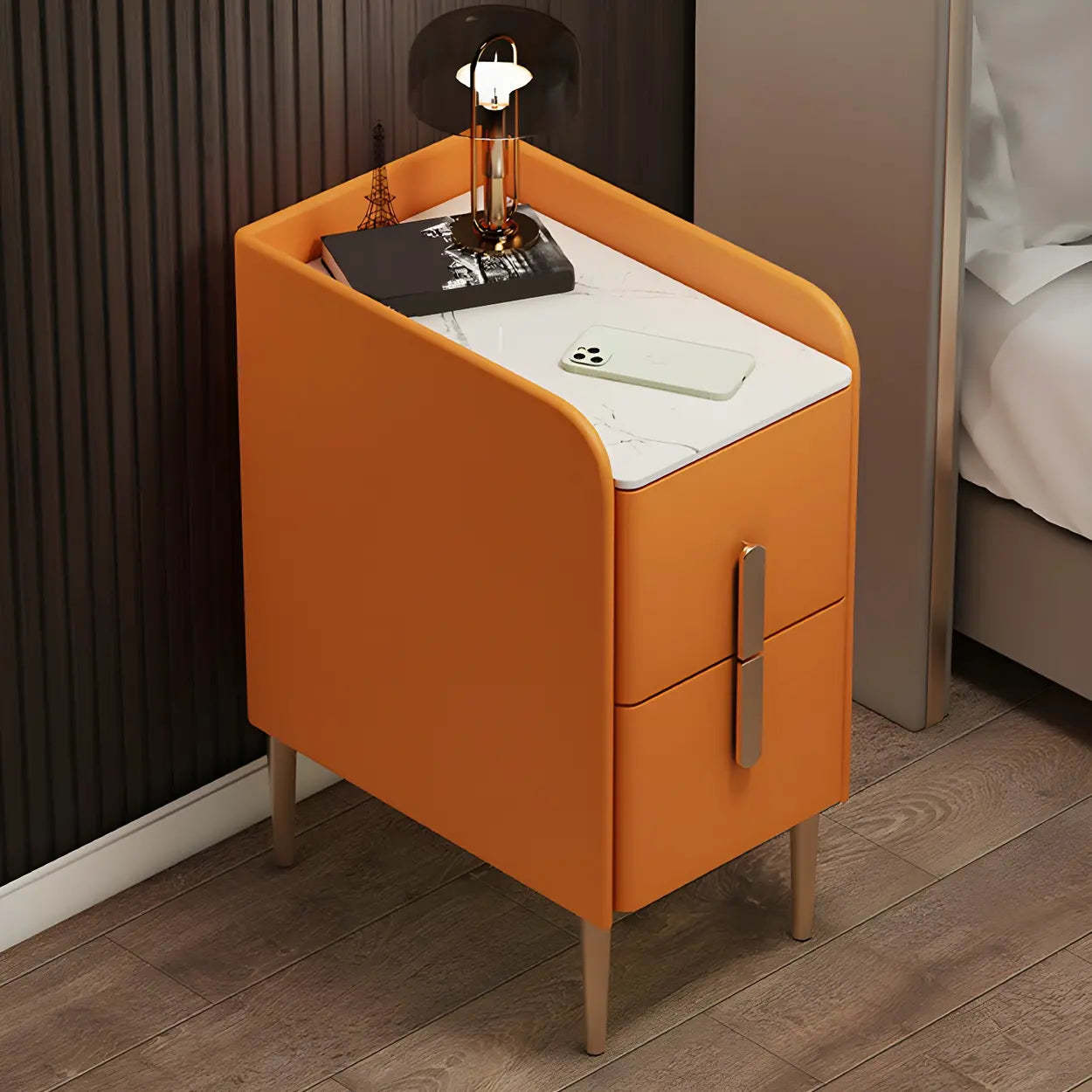 Curved Off-White Stone Functional Nightstand — Champagne / 2 Piece Set