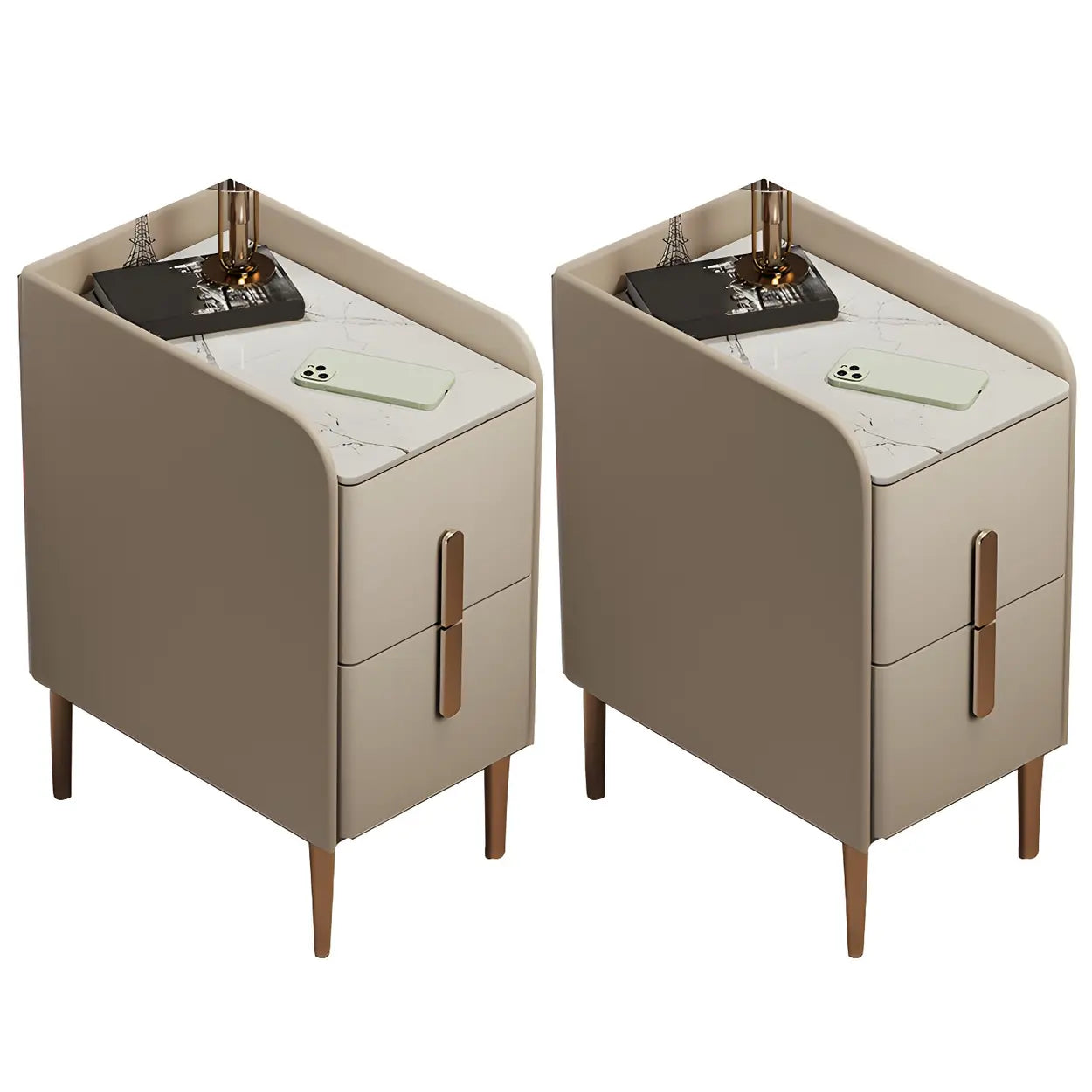 Curved Off-White Stone Functional Nightstand — Orange / 2 Piece Set