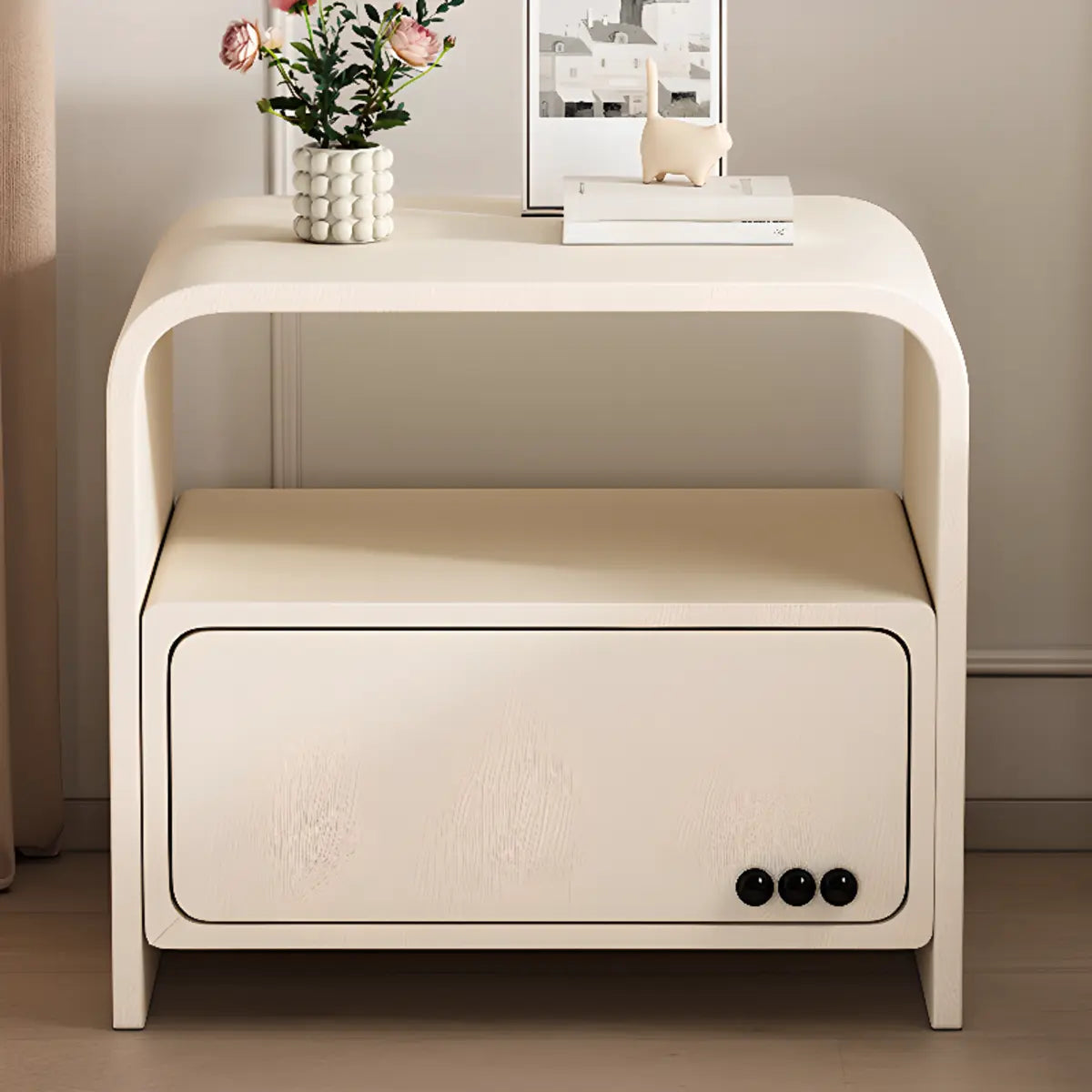 Curved Off-White Wood Nightstand with Drawer and Shelves