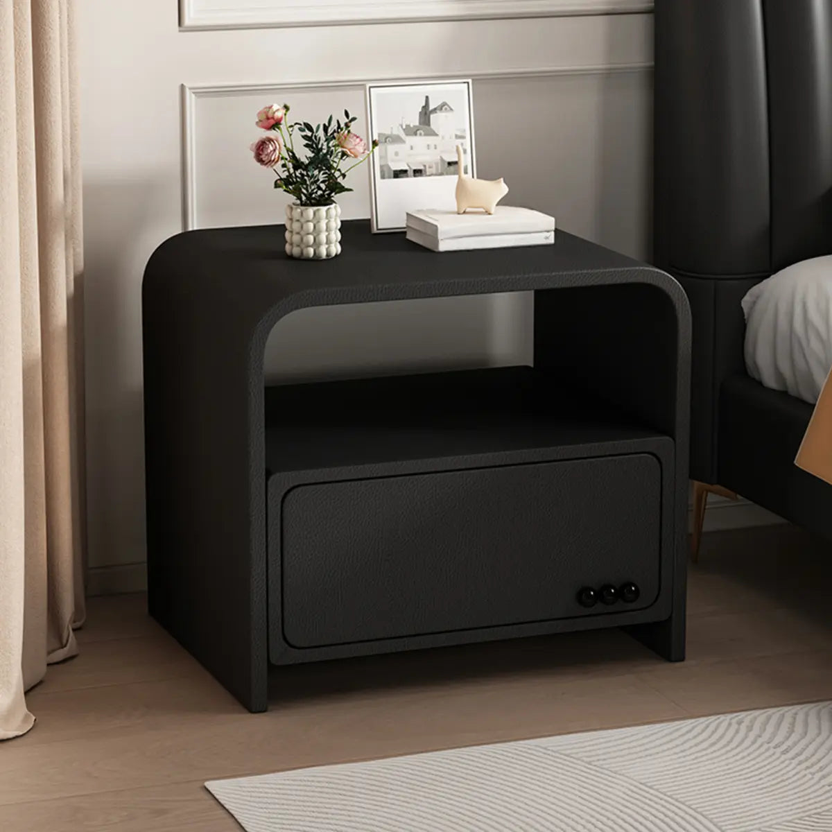 Curved Off-White Wood Nightstand with Drawer and Shelves — Cream Gray / 1 Piece
