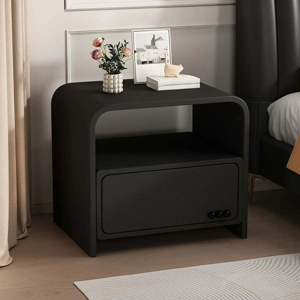 Curved Off-White Wood Nightstand with Drawer and Shelves — Cream Gray / 1 Piece
