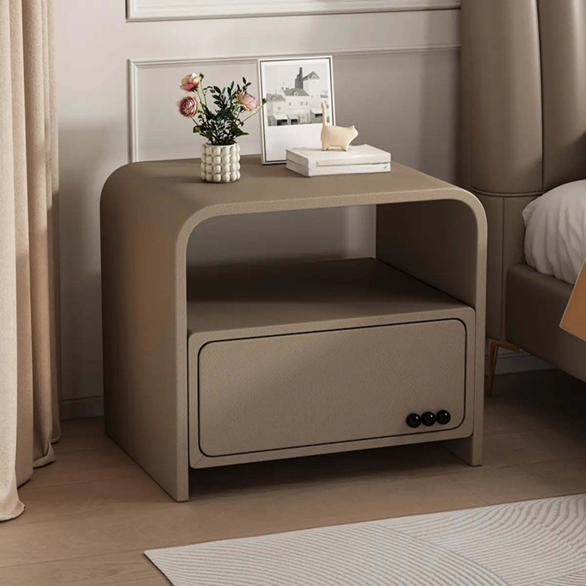 Curved Off-White Wood Nightstand with Drawer and Shelves — Khaki / 1 Piece