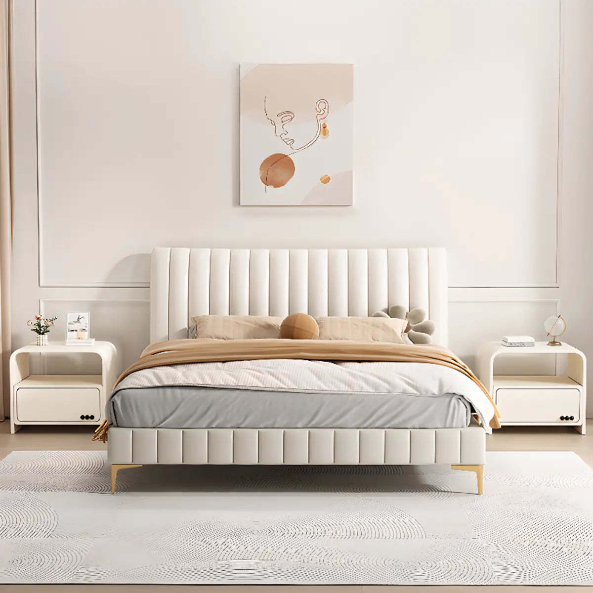 Curved Off-White Wood Nightstand with Drawer and Shelves — Light Coffee / 1 Piece