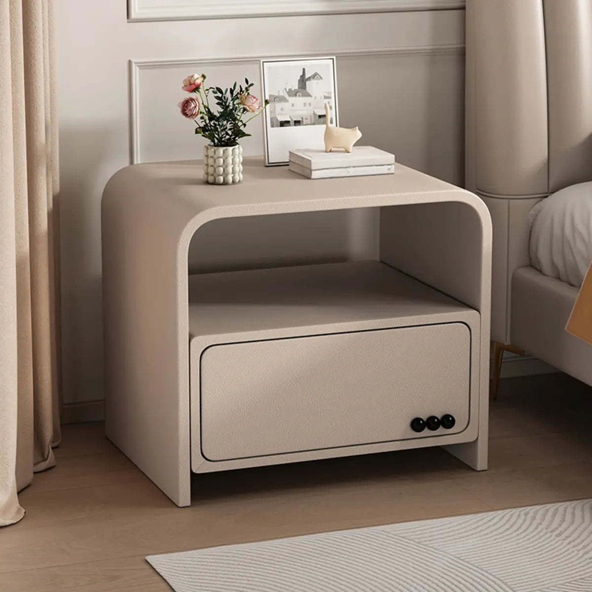 Curved Off-White Wood Nightstand with Drawer and Shelves — Off-White / 1 Piece