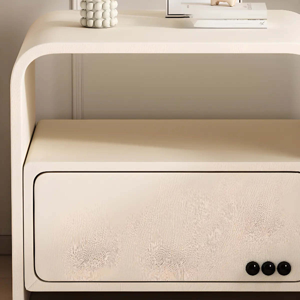 Curved Off-White Wood Nightstand with Drawer and Shelves