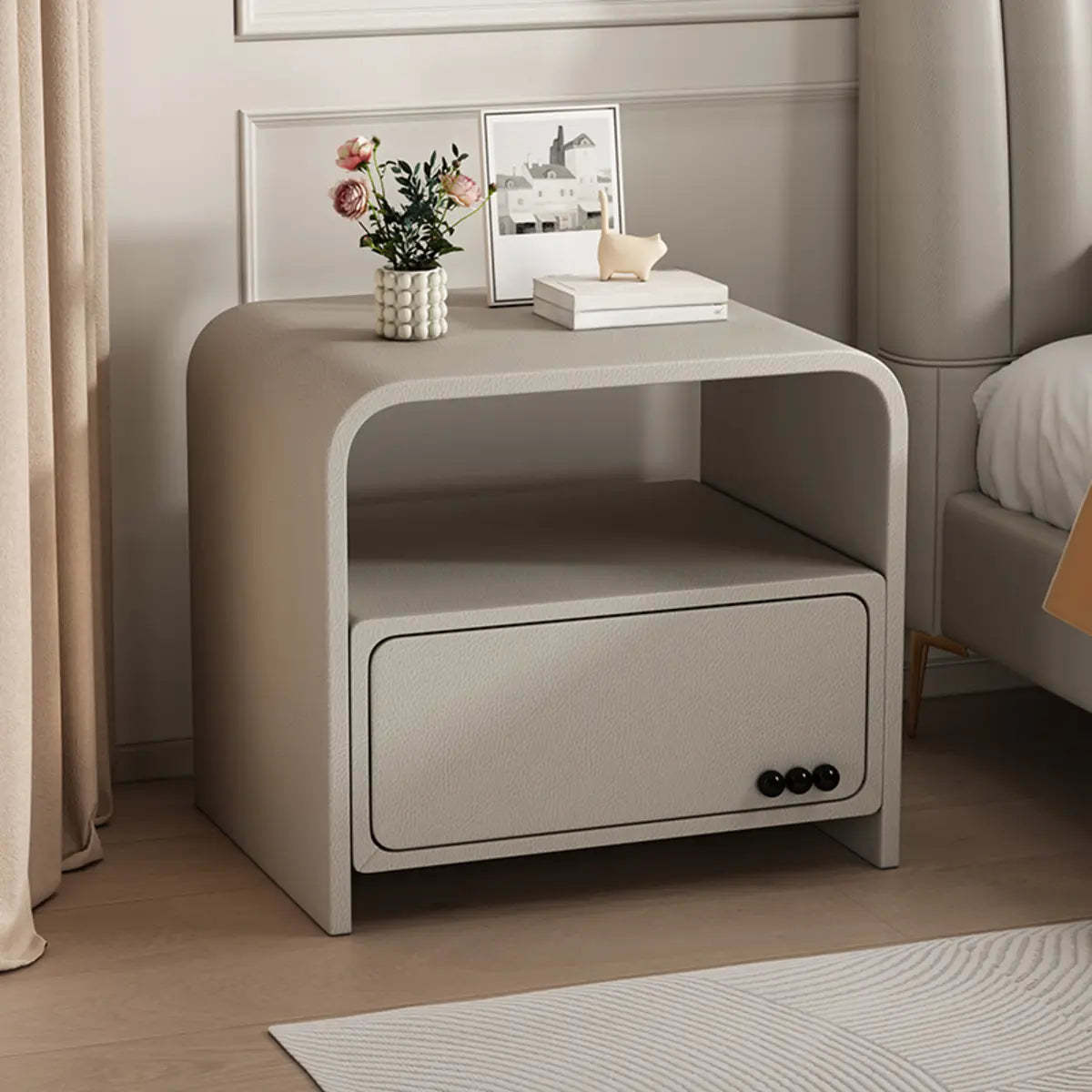 Curved Off-White Wood Nightstand with Drawer and Shelves