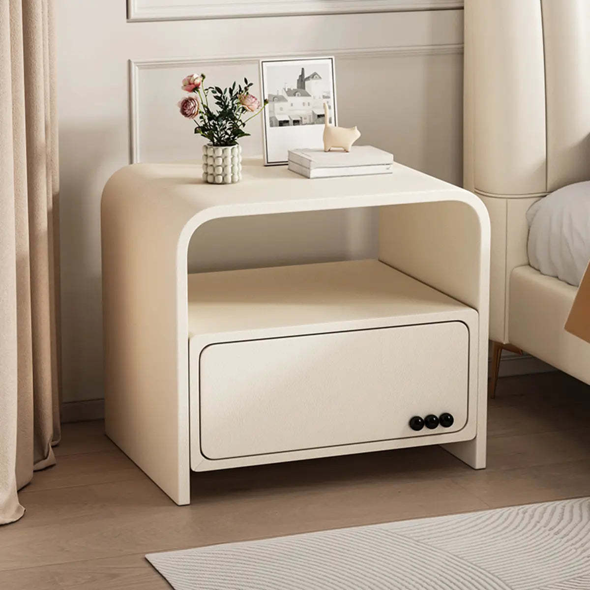 Curved Off-White Wood Nightstand with Drawer and Shelves