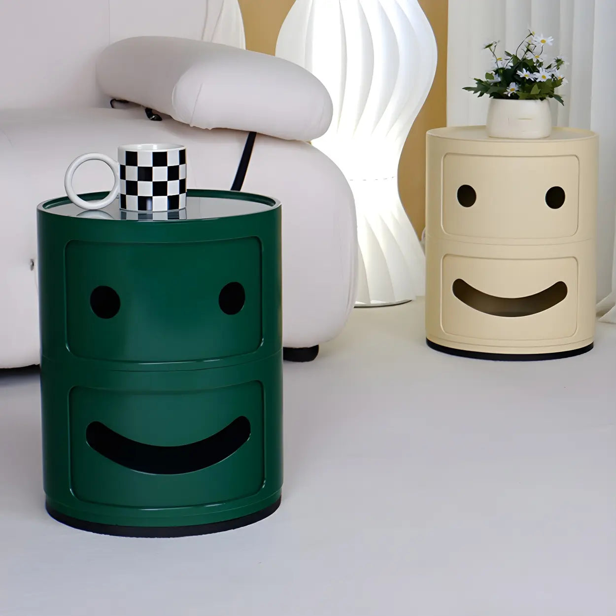 Smiley Face Round Plastic Storage Nightstand — Off-White / 1 Piece