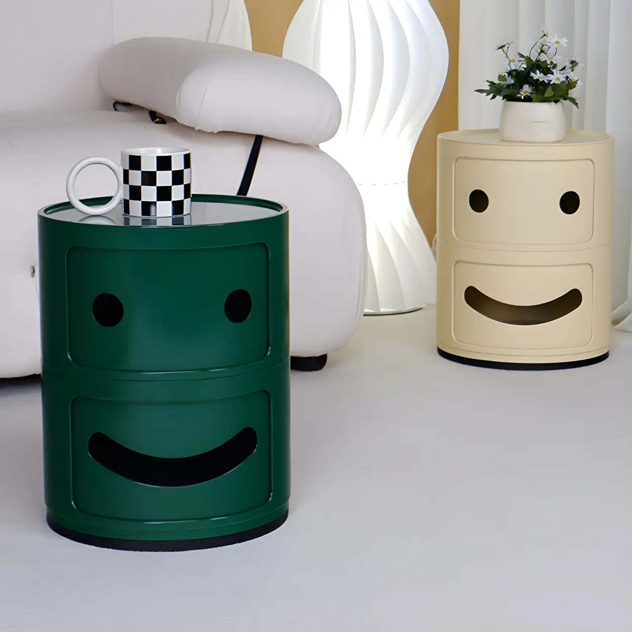Smiley Face Round Plastic Storage Nightstand — Off-White / 1 Piece