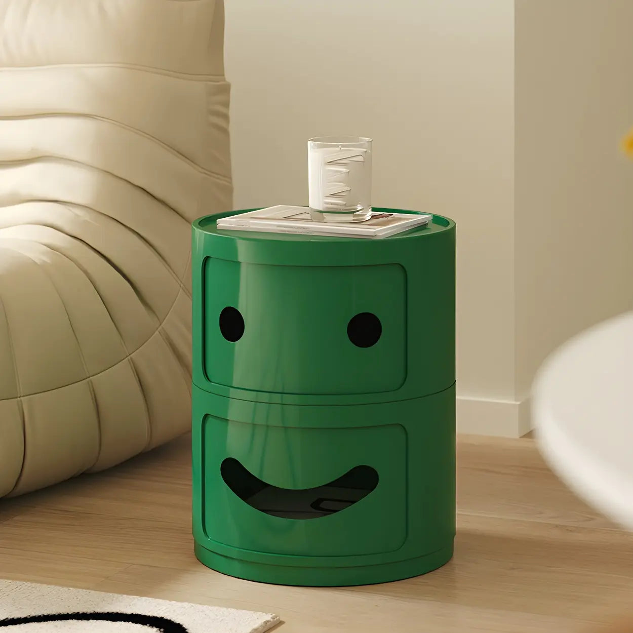 Smiley Face Round Plastic Storage Nightstand — Green / 2 Piece Set
