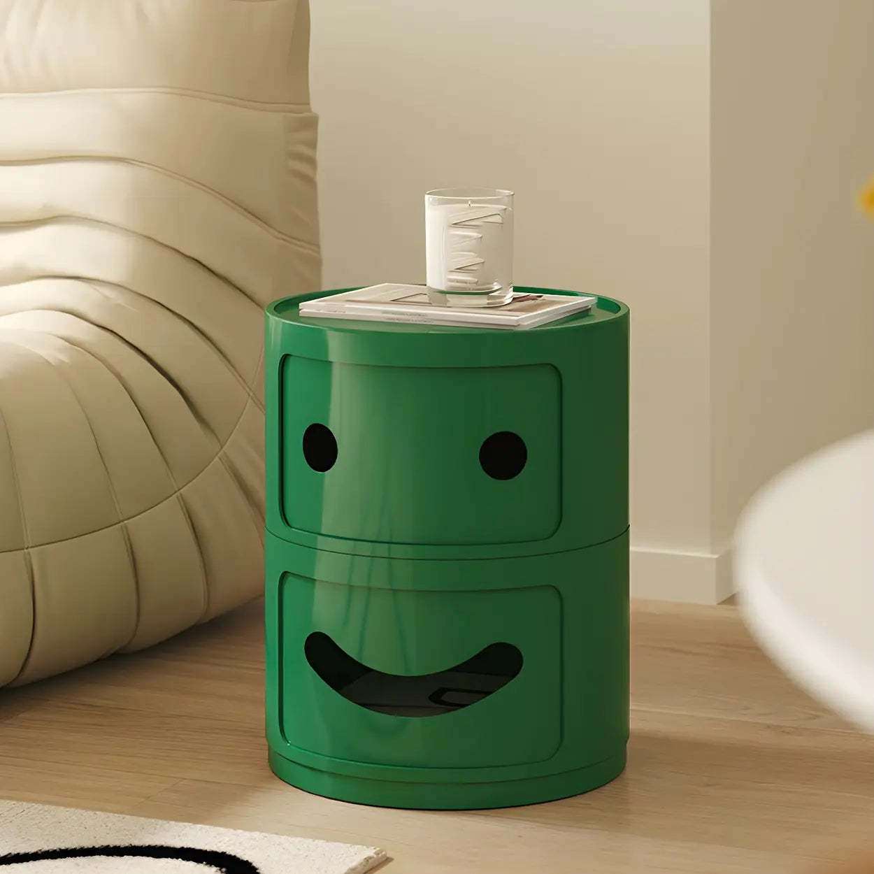 Smiley Face Round Plastic Storage Nightstand — Green / 2 Piece Set