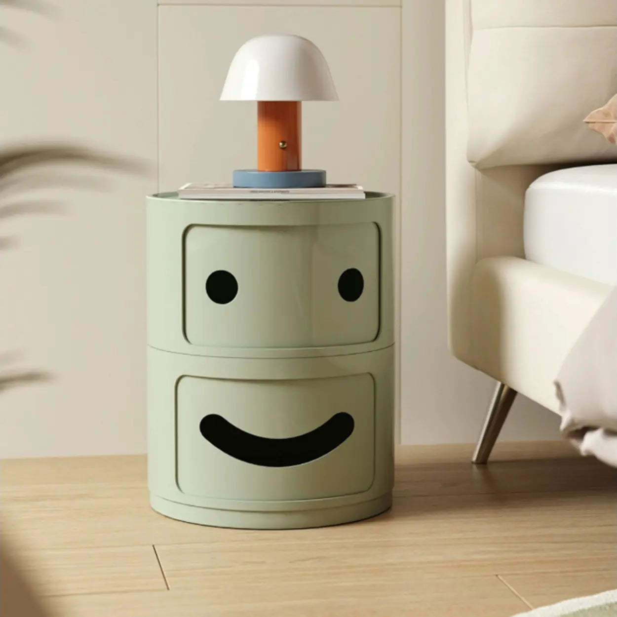 Smiley Face Round Plastic Storage Nightstand — Matcha Green / 1 Piece