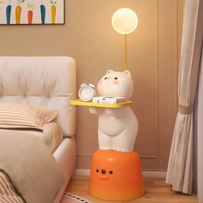 Cute White Cat Side Table with Lamp — Basic