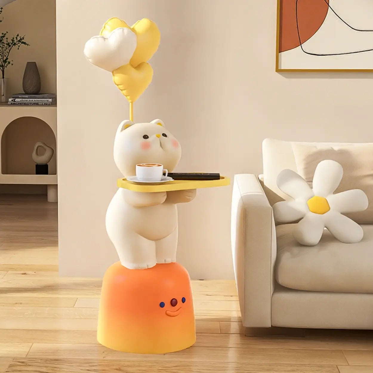 Cute White Cat Side Table with Lamp — With Balloon