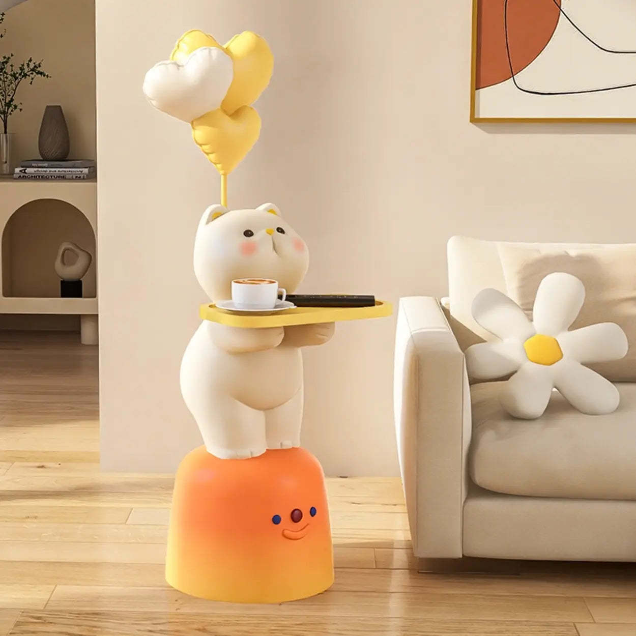 Cute White Cat Side Table with Lamp — With Balloon