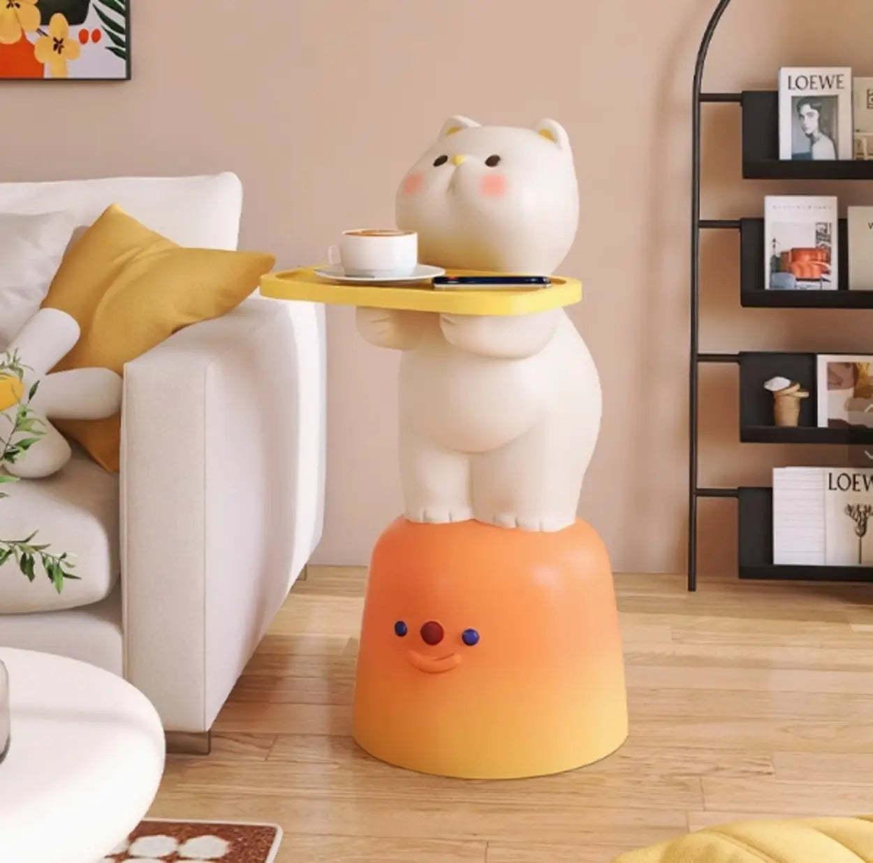 Cute White Cat Side Table with Lamp — With Light