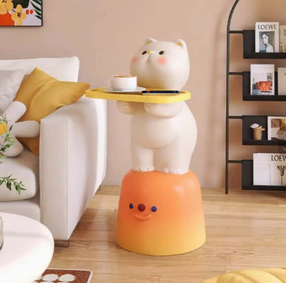 Cute White Cat Side Table with Lamp — With Light