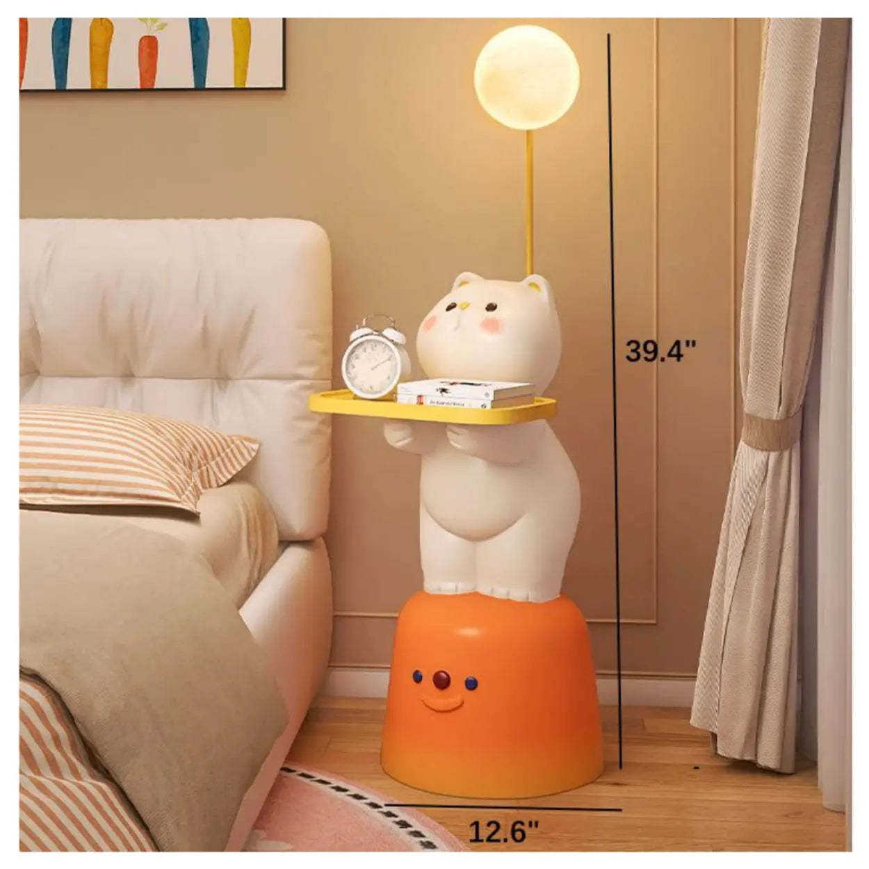 Cute White Cat Side Table with Lamp