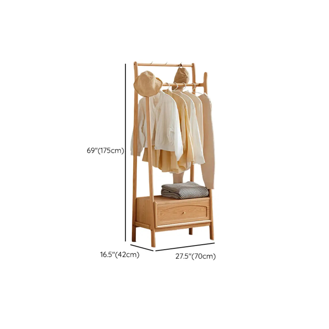 Natural Oak Light Wood Coat Rack with Drawer