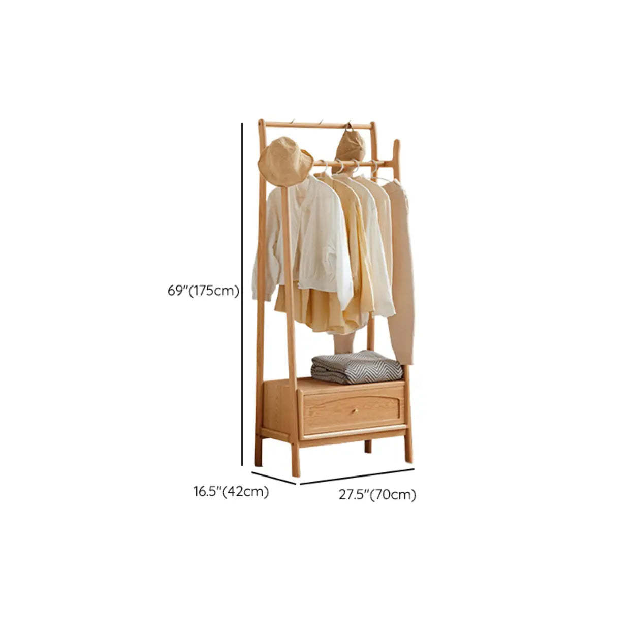 Natural Oak Light Wood Coat Rack with Drawer