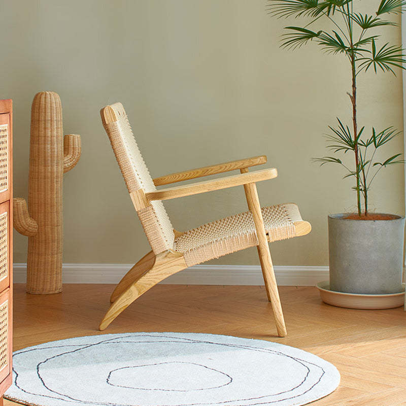 Scandinavian Rectangular Wood Rattan Armrest Chair