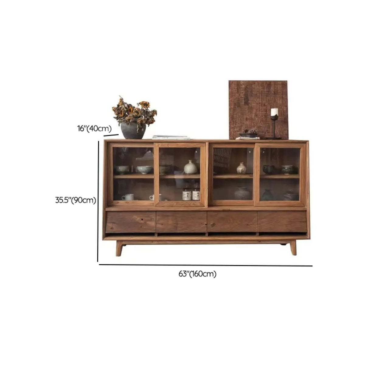 Oak Natural Sliding Clear Door Buffet Cabinet