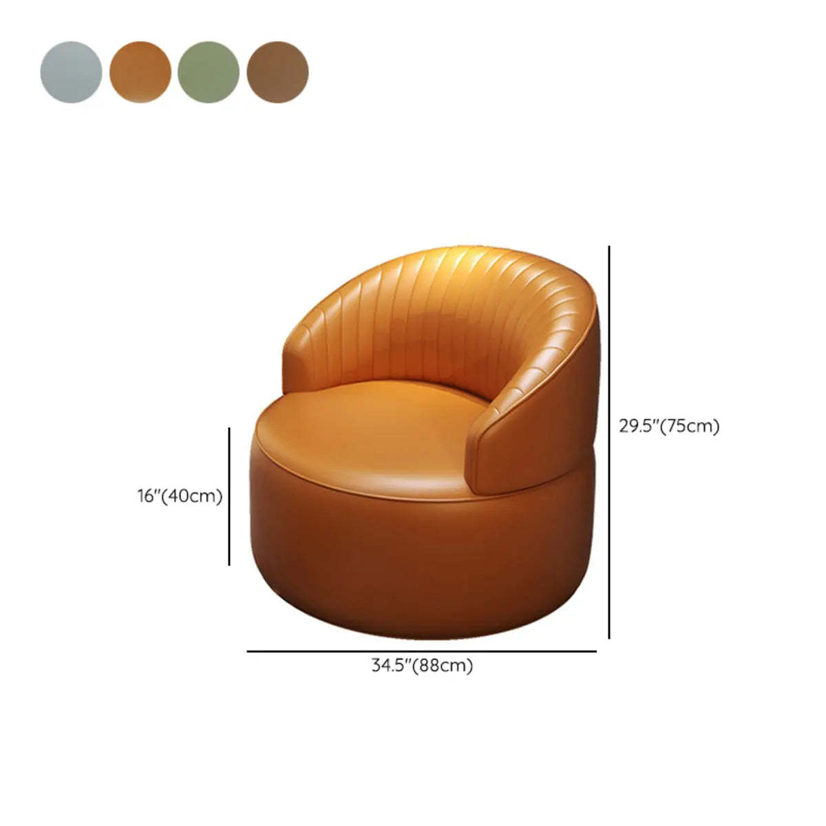 Orange Leather Fixed-Back Barrel Chair with Arms