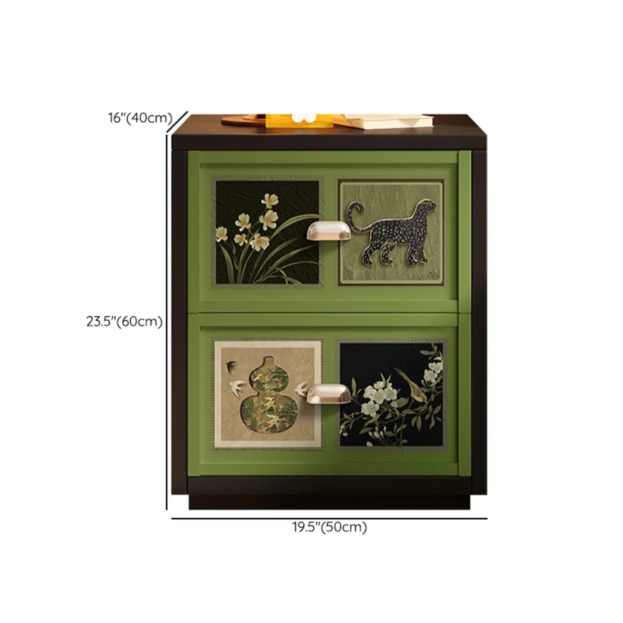 Vintage Green Nightstand with Artistic Panels