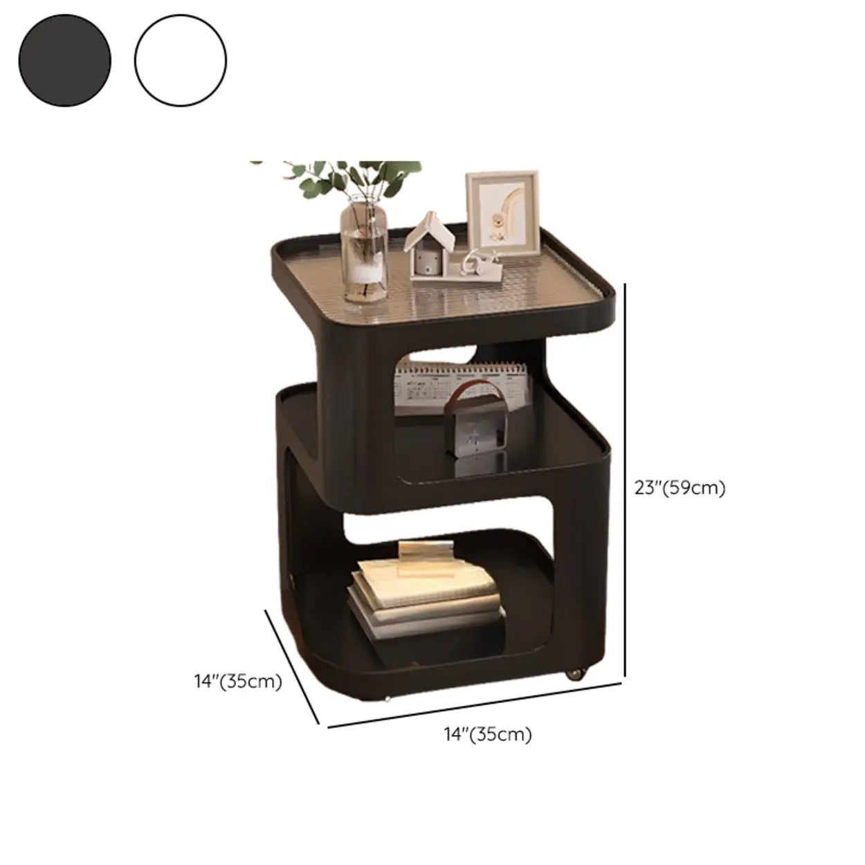 Modern curved rolling white nightstands in glass metal wood